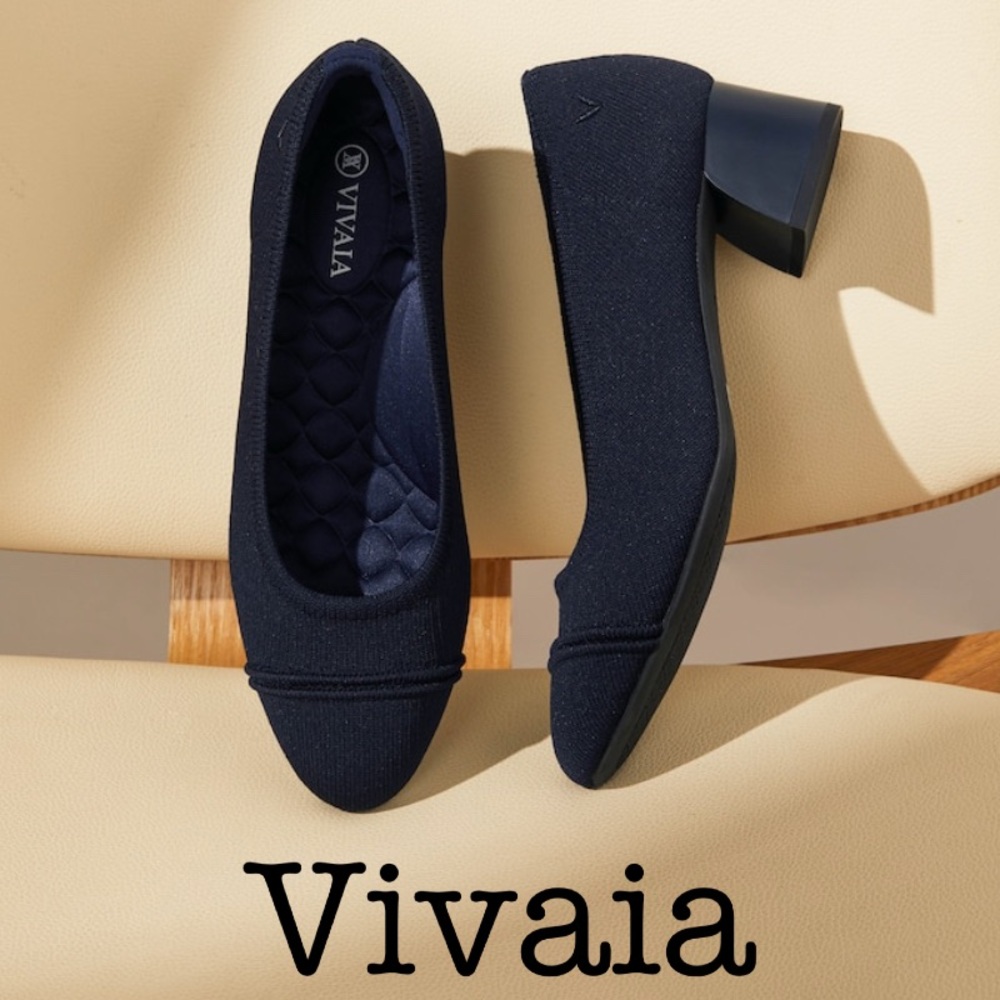 Vivaia Julie Navy Knit Chunky Block Heel Shoes Size 36